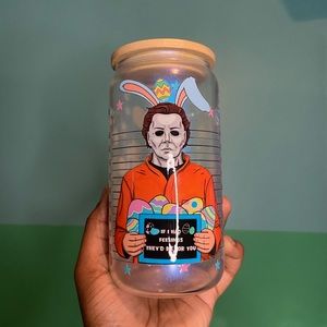 Micheal Myers Easter 16oz glass can cup with bamboo lid and straw